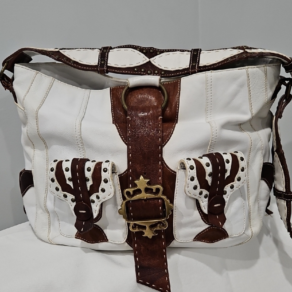 Betsey Johnson White Leather Messenger Bag with Brown Leather And Studded Trim